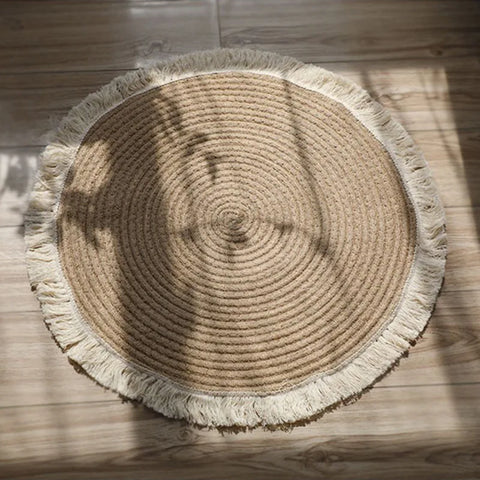 Round Woven Jute Rug with Tassels – Handmade Floor Mat