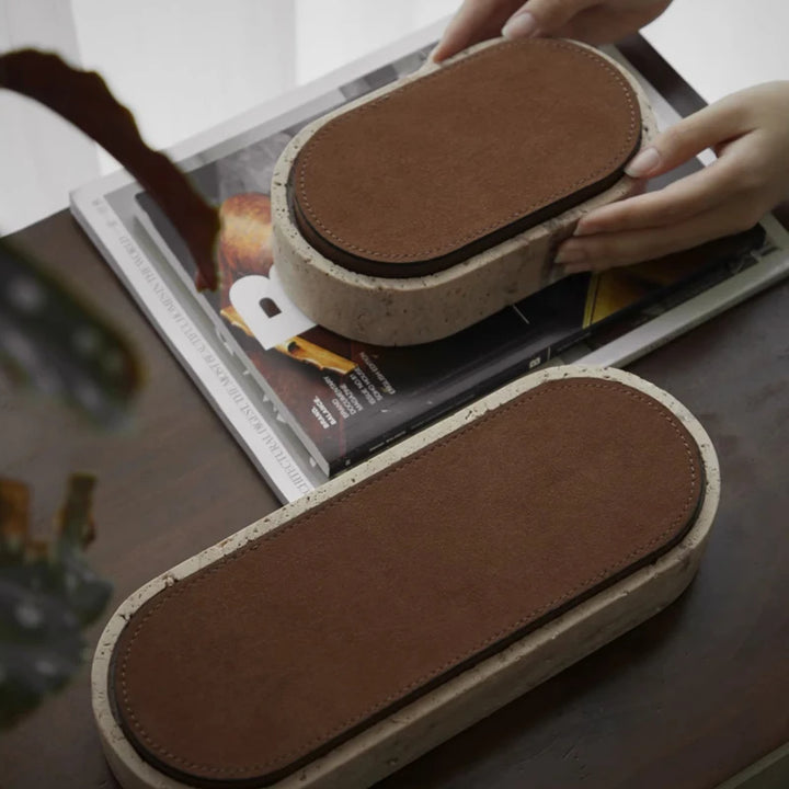 Vintage Travertine Jewelry Box – Luxury Oval Stone Container with Leather Cover for Earrings, Necklaces, and Accessories Storage