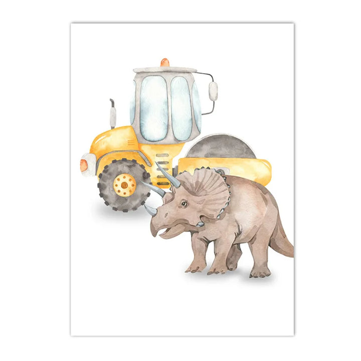 Whimsical Dinosaur Truck & Excavator Canvas Art for Kids Nursery & Boys Room Decor – Nordic Cartoon Wall Print