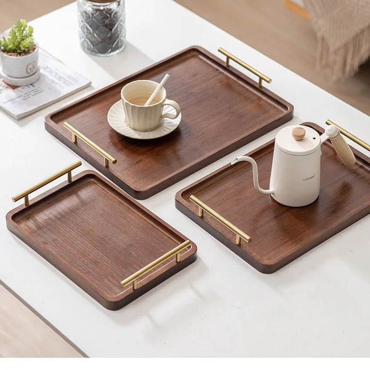 Bamboo Serving Tray with Metal Handles – Wooden Organizer