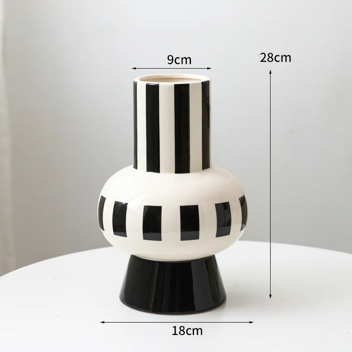 Black & White Striped Ceramic Vase – Modern Home Decor