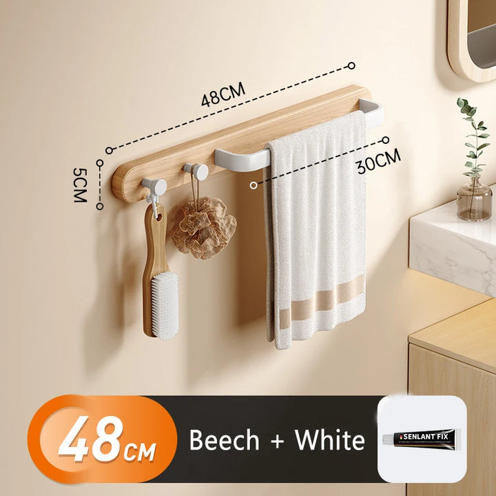Wood & Aluminum Bathroom Towel Rack – No Punch Hook
