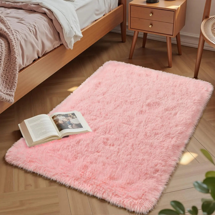 Pink Fluffy Plush Carpet – Large Kids Bedroom Area Rug