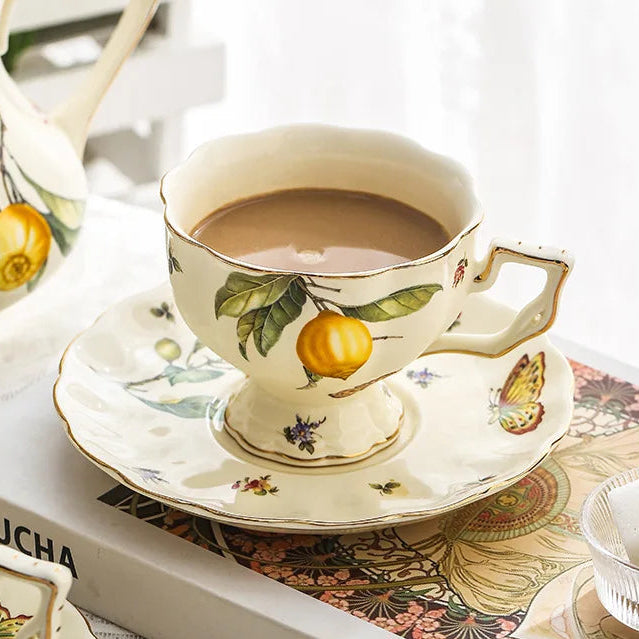 Vintage Lemon Porcelain Coffee Mug with Tray