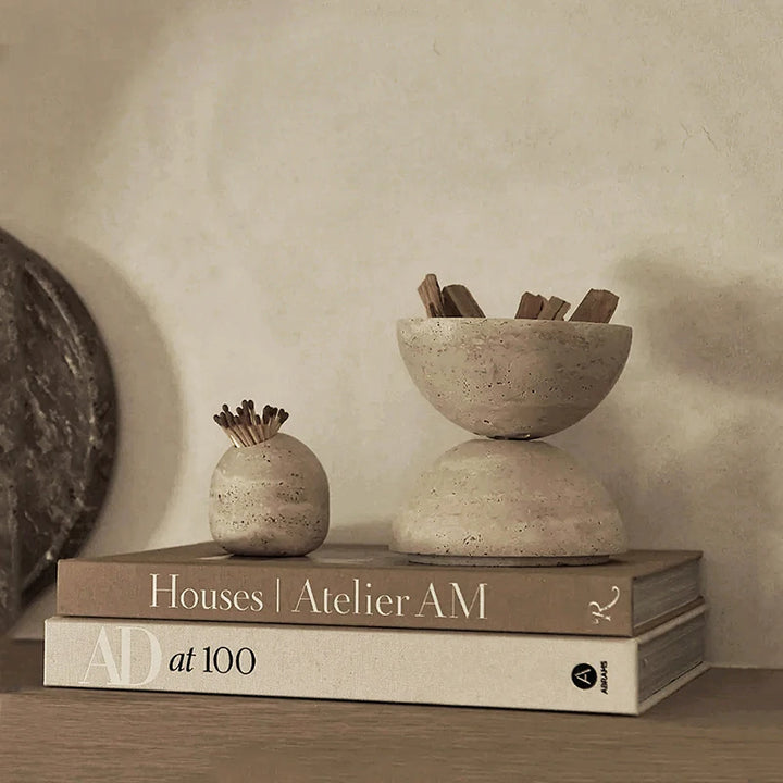 Travertine Matchstick & Toothpick Holder – Beige Stone Jar for Matches, Swabs & Home Decor Accent
