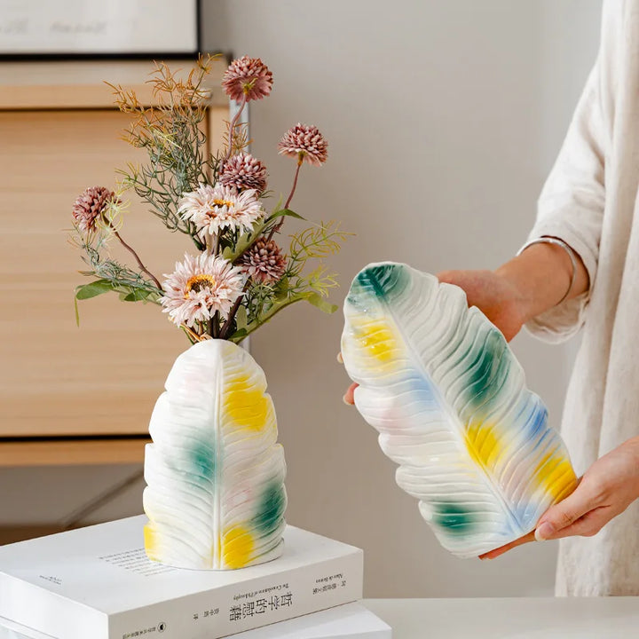 Modern Banana Leaf Ceramic Vase – Colorful Abstract Glazed Decor