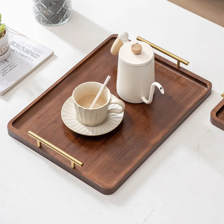 Bamboo Tea Serving Tray with Metal Handle – Right-Angled Wooden Breakfast Tray for Snacks, Drinks, Hotel & Home Use
