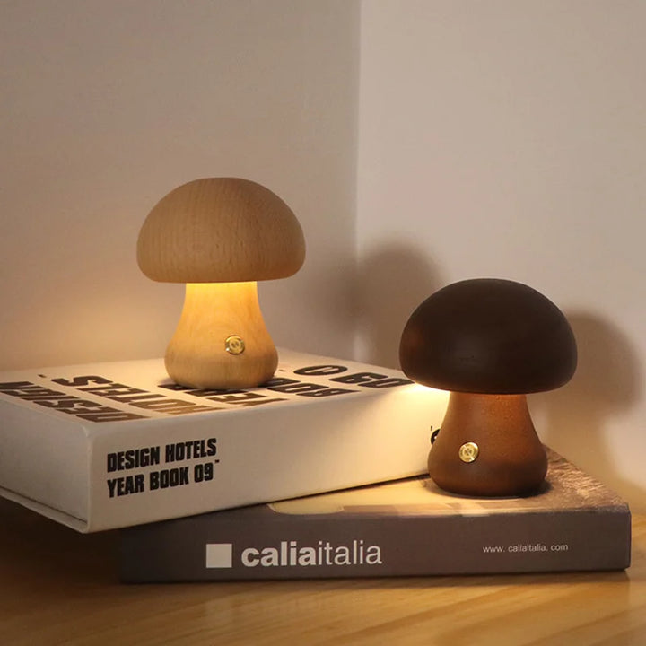Cute Wooden Mushroom Night Light – Touch Bedside Lamp