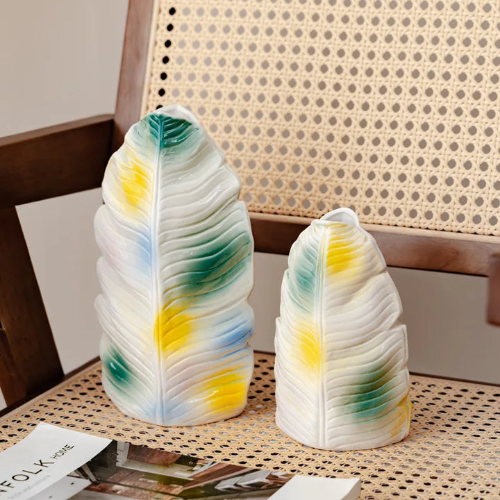 Modern Banana Leaf Ceramic Vase – Colorful Abstract Glazed Decor