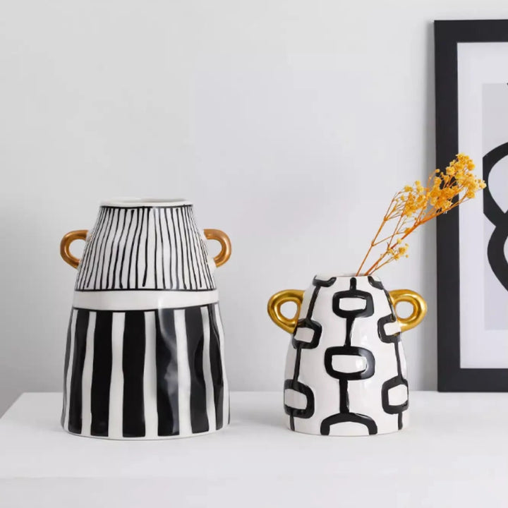 Black & White Striped Ceramic Vase – Modern Home Decor