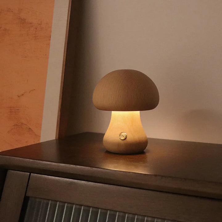 Cute Wooden Mushroom Night Light – Touch Bedside Lamp
