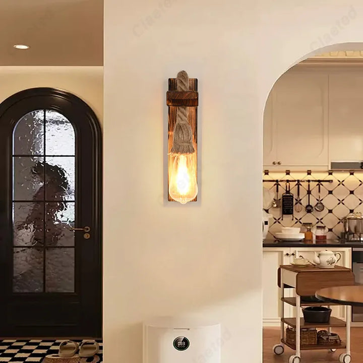 Retro LED Wall Lamp – Solid Wood & Hemp Rope Lighting