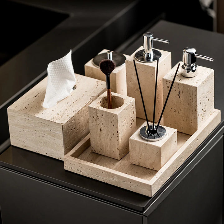 Beige Travertine Marble Bathroom Set – Luxury 9-Piece Natural Stone Accessories