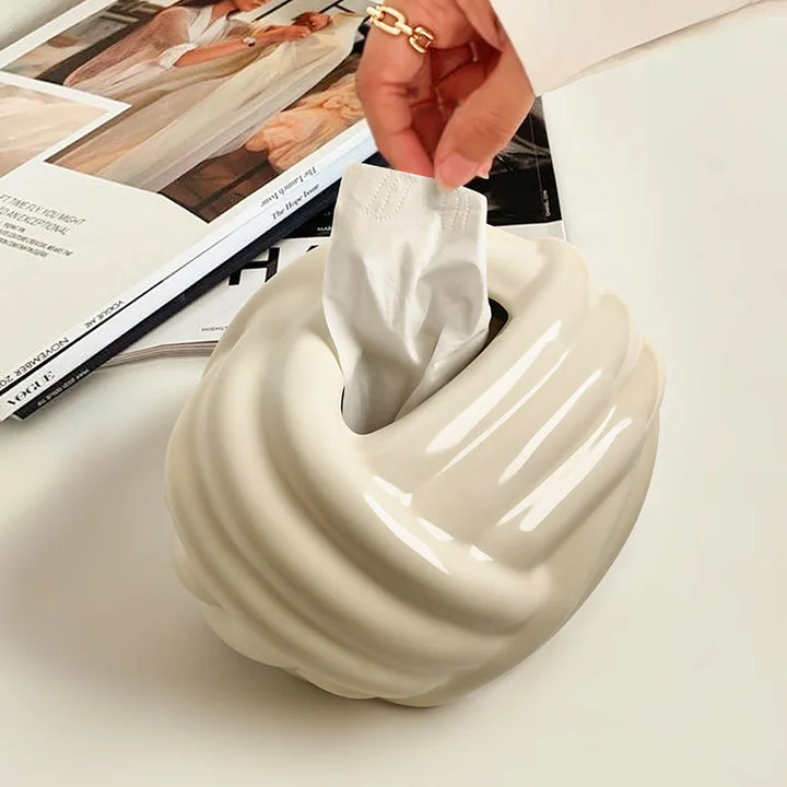 Ceramic Tissue Box with Wool Ball Accent – Modern Napkin Holder & Desk Storage Decoration