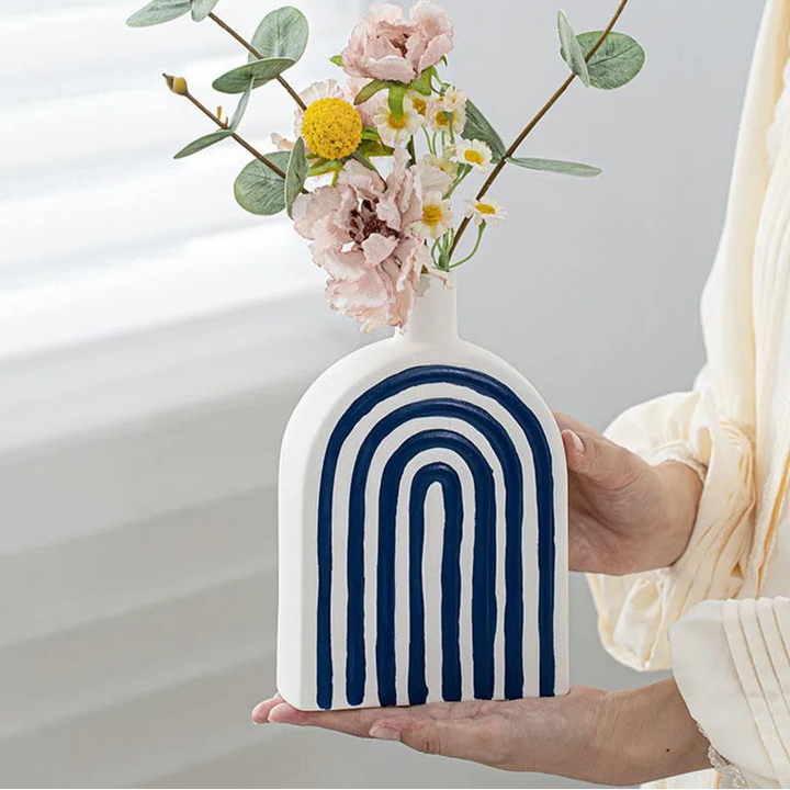Blue and White Striped Ceramic Vase – Modern Decor