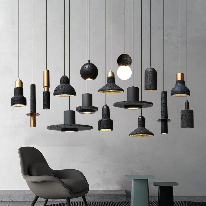 Industrial Black Stone Pendant Lamp – Nordic Retro LED Chandelier