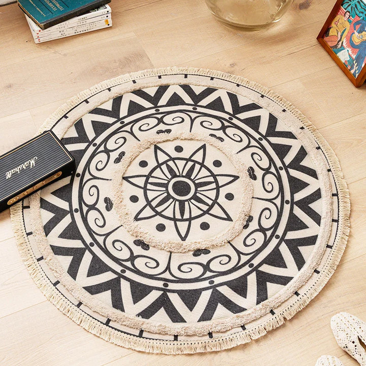 Moroccan Cotton Linen Round Rug – Geometric Floor Decor