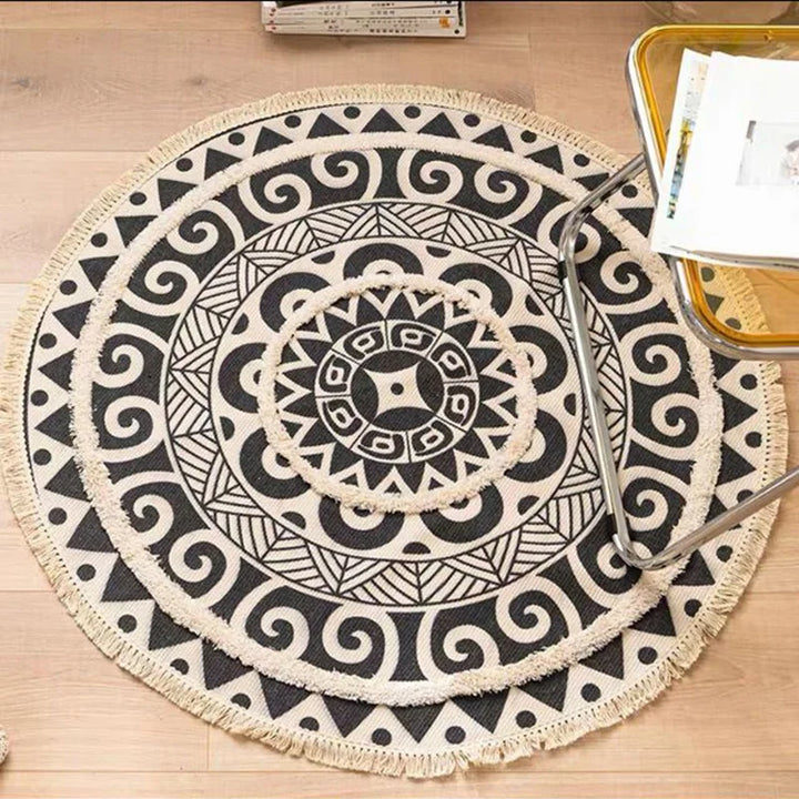 Moroccan Cotton Linen Round Rug – Geometric Floor Decor