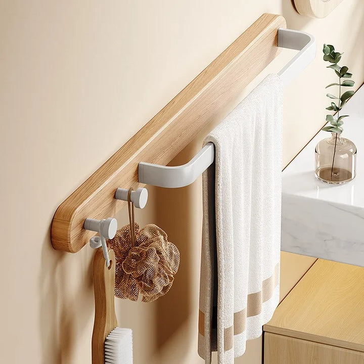 Wood & Aluminum Bathroom Towel Rack – No Punch Hook