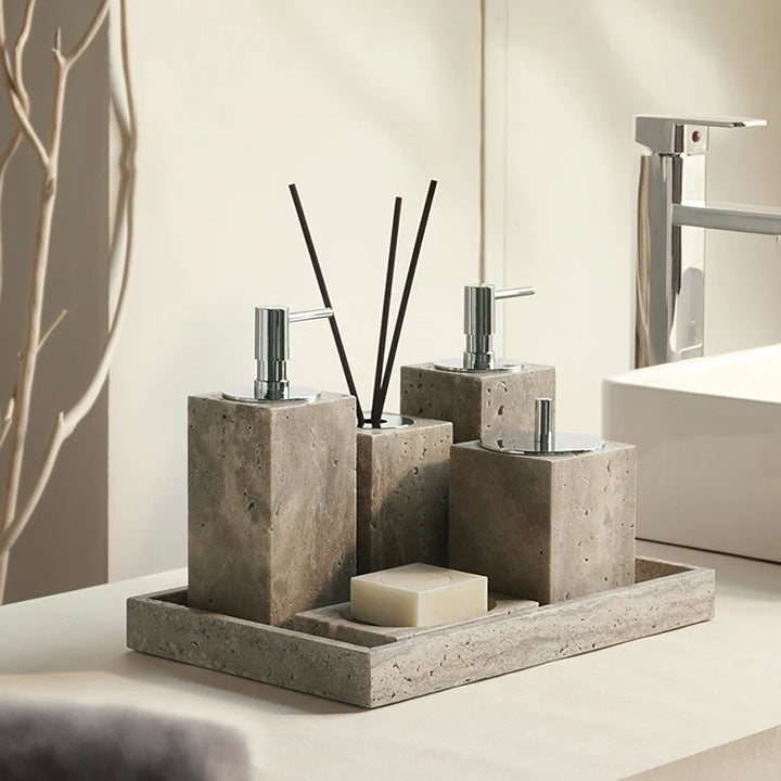 Grigio Travertine Bathroom Set – Antique Natural Stone Accessories with Soap Dispenser, Tray, Diffuser & More