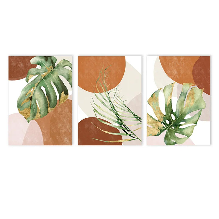 Abstract Boho Tropical Leaf Canvas Print – Brown & Green Palm Wall Art for Living Room | Unframed Modern Poster Set