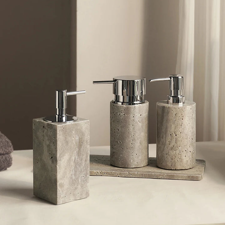Travertine Bathroom Set – Natural Marble Soap Dispenser & Tray