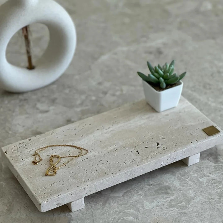 Raised Travertine Footed Tray – Natural Marble Soap & Vanity Holder