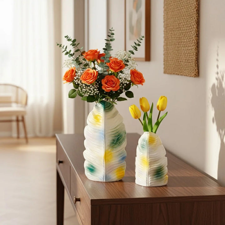Modern Banana Leaf Ceramic Vase – Colorful Abstract Glazed Decor