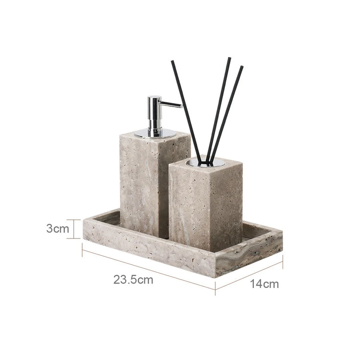 Travertine Bathroom Set – Natural Marble Soap Dispenser & Tray