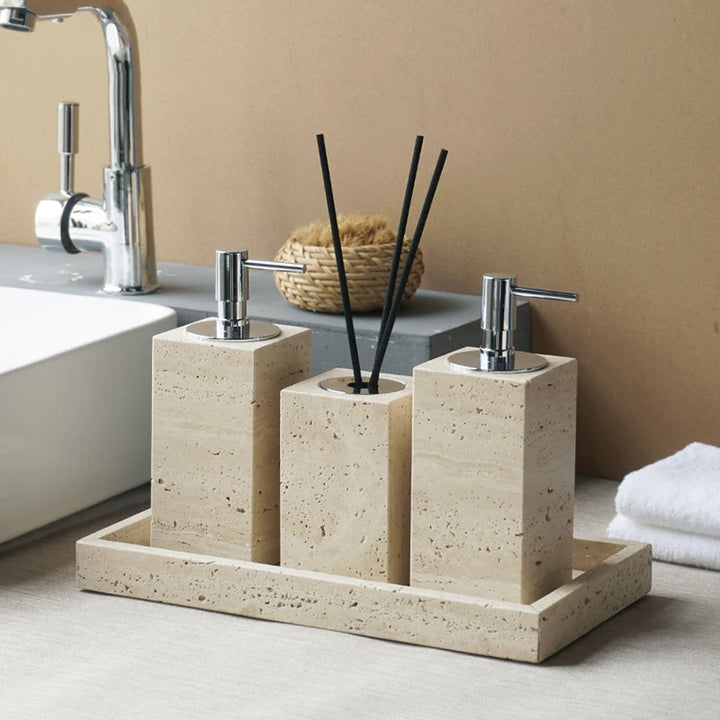 Beige Travertine Marble Bathroom Set – 9-Piece Natural Stone Accessories with Soap Dispenser, Diffuser, Tray & More