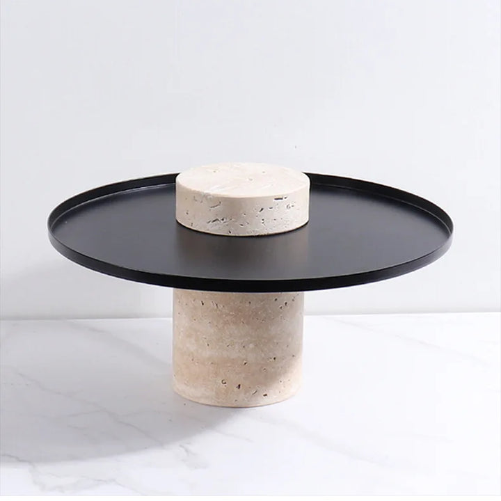 Beige Travertine Serving Tray with Metal Base