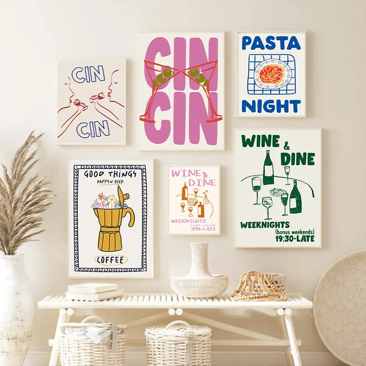 Vintage Wine & Food Poster – Minimalist Bar Wall Art