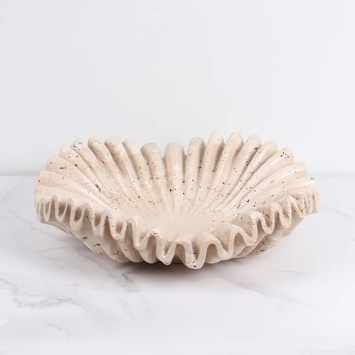 Handcrafted Travertine Ruffle Bowl – Fluted Marble Centerpiece for Kitchen, Living Room, Fruit, Jewelry & Home Decor