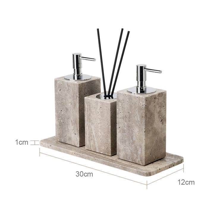 Travertine Bathroom Set – Natural Marble Soap Dispenser & Tray