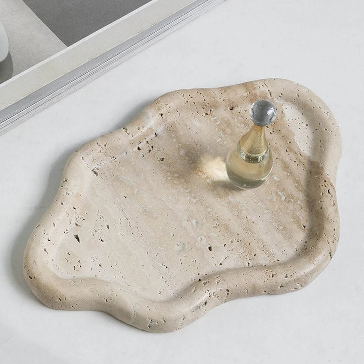 Natural Travertine Jewelry & Perfume Tray – Stone Aromatherapy Holder for Rings, Necklaces, Earrings & Home Decor | Elegant Storage Plate