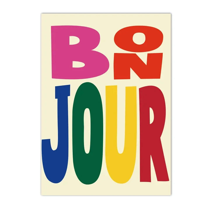 Abstract Colorful “Bon Jour” French Quote Canvas Wall Art – Modern Typography Print for Living Room & Home Decor