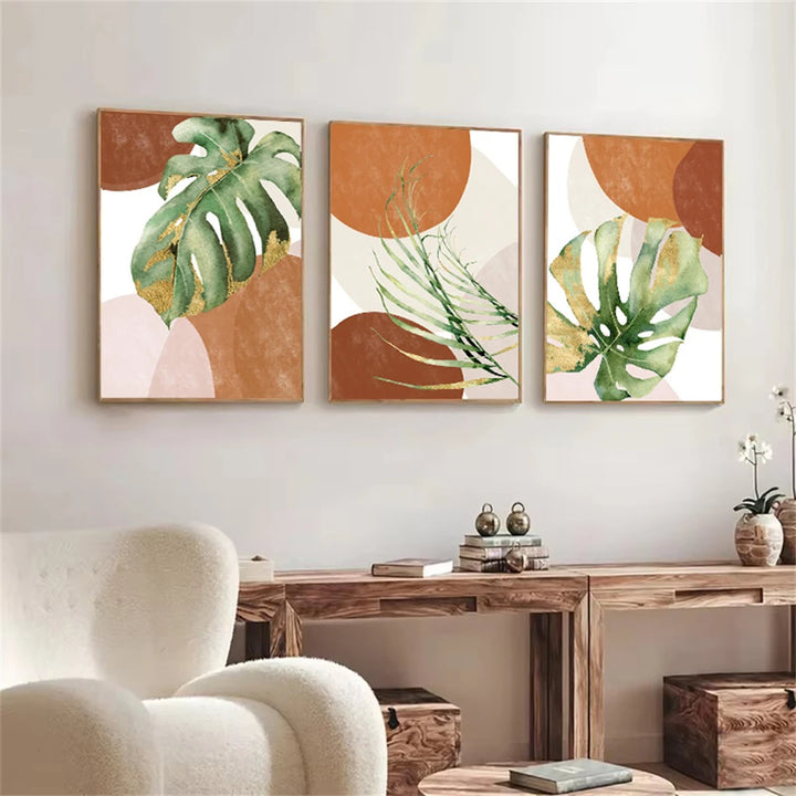 Abstract Boho Tropical Leaf Canvas Print – Brown & Green Palm Wall Art for Living Room | Unframed Modern Poster Set