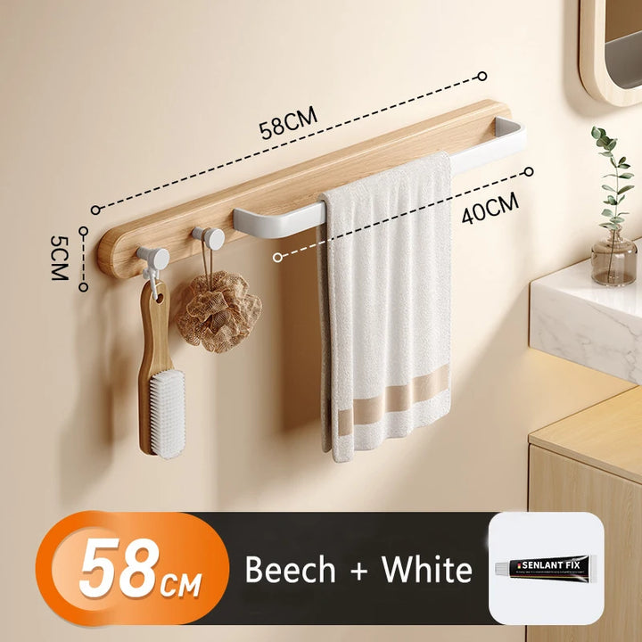 Wood & Aluminum Bathroom Towel Rack – No Punch Hook