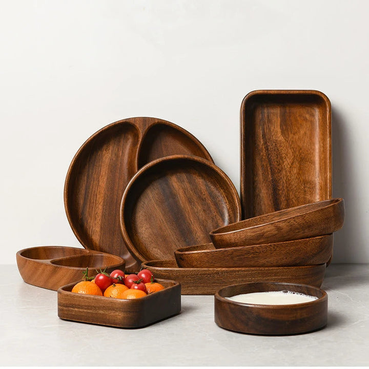 Acacia Wood Snack & Salad Plate – Solid Multi-Section Tray