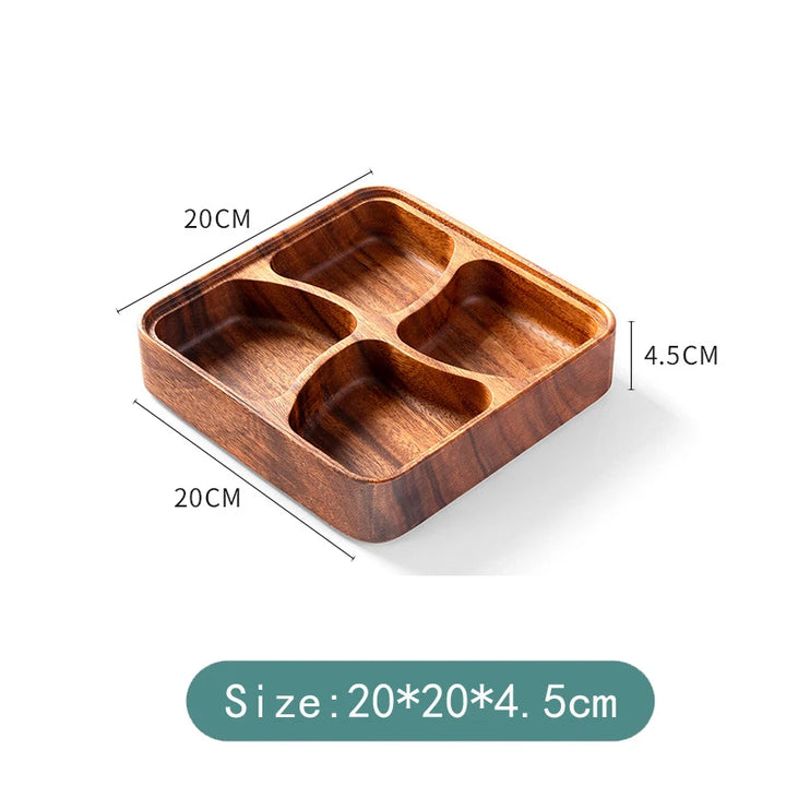 Acacia Wood Snack Plate – Solid Wood Multi-Compartment Tray for Dried Fruit, Nuts, Salad | Rustic Chinese Style Serving Bowl