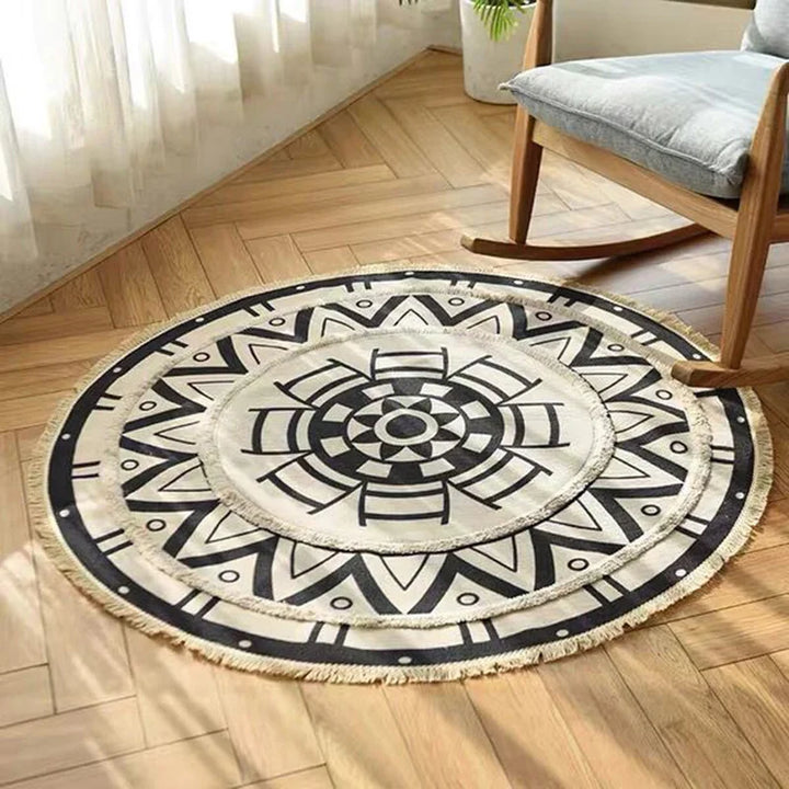 Moroccan Cotton Linen Round Rug – Geometric Floor Decor