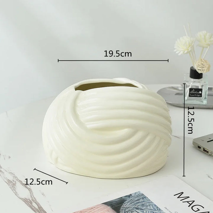 Ceramic Tissue Box with Wool Ball Accent – Modern Napkin Holder & Desk Storage Decoration