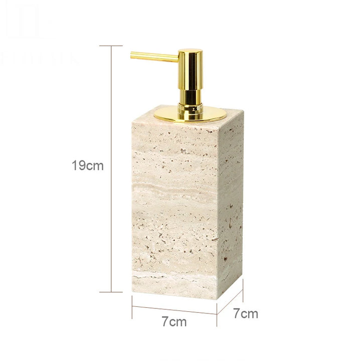 Beige Travertine Marble Bathroom Set – 9-Piece Natural Stone Accessories with Soap Dispenser, Diffuser, Tray & More