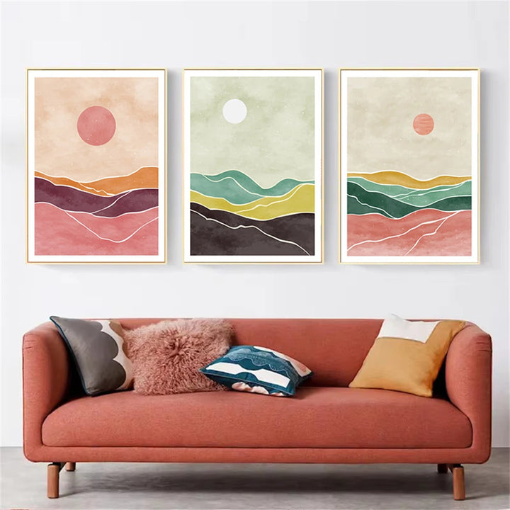 Boho Sunrise Landscape Canvas Print – Abstract Green & Orange Mountain Sun Wall Art for Living Room | Unframed Modern Poster Decor