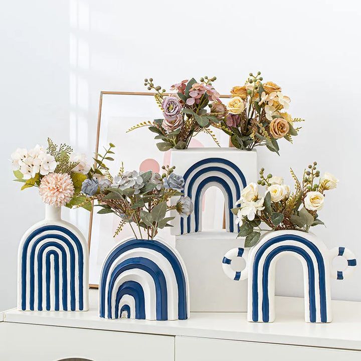 Blue and White Striped Ceramic Vase – Modern Decor
