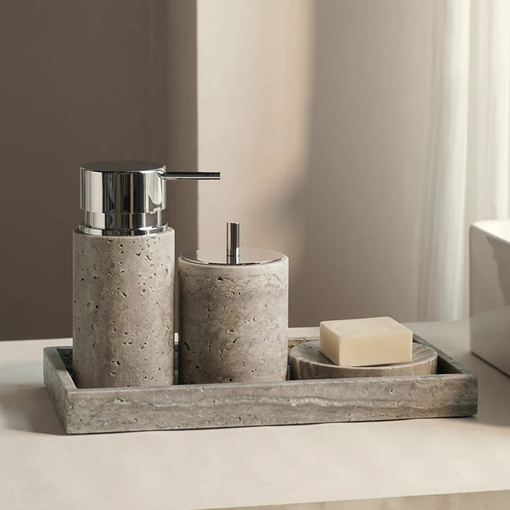 Grigio Travertine Bathroom Set – Antique Natural Stone Accessories with Soap Dispenser, Tray, Diffuser & More