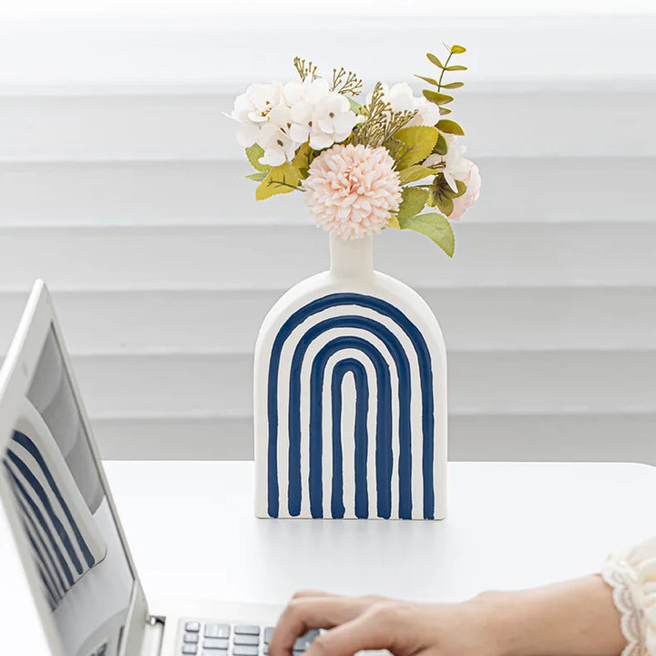Blue and White Striped Ceramic Vase – Modern Decor
