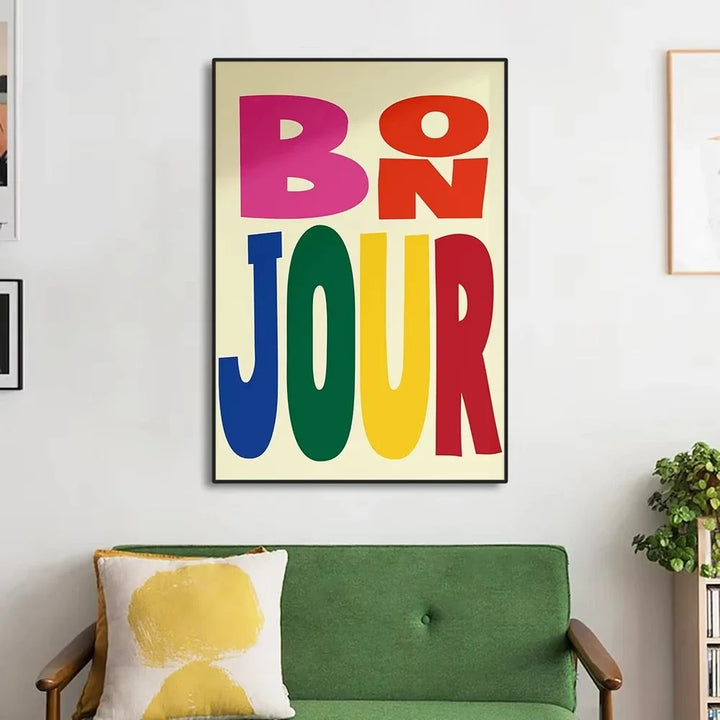 Abstract Colorful “Bon Jour” French Quote Canvas Wall Art – Modern Typography Print for Living Room & Home Decor