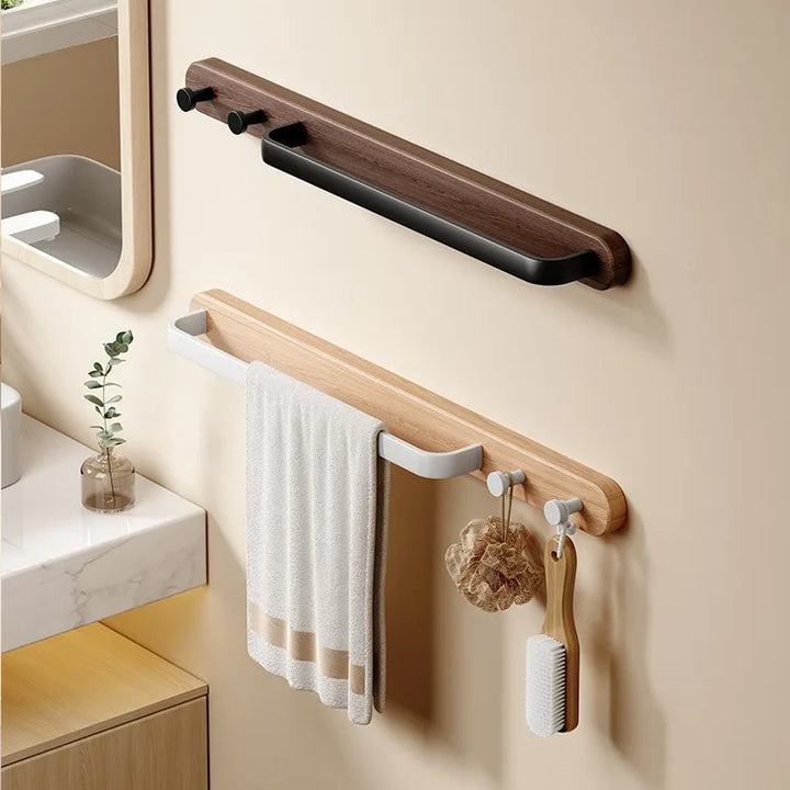 Wood & Aluminum Bathroom Towel Rack – No Punch Hook