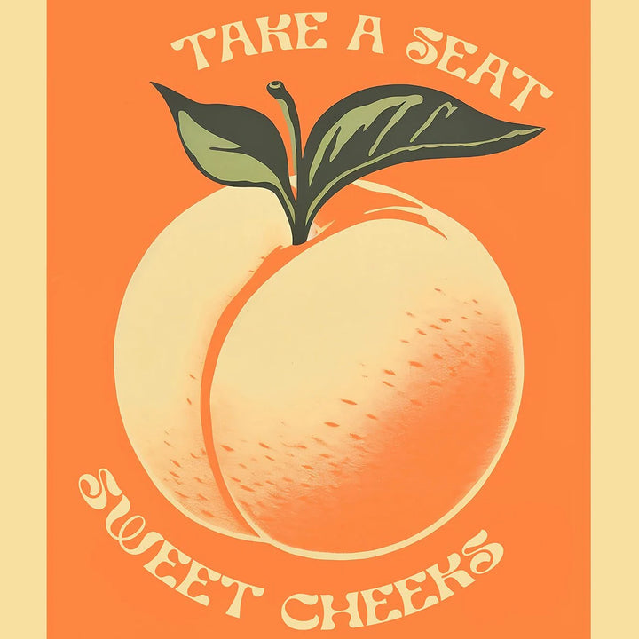 Funny Retro Bathroom Wall Art – “Take A Seat Sweet Cheeks” Canvas Print | Quirky Toilet Decor with Strawberry & Peach Design  2. Descrição Otimizada
